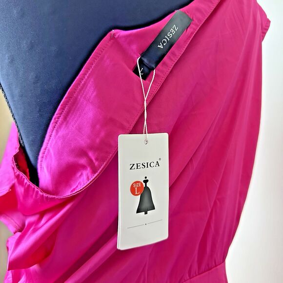 Zesica‎ Womens Fuscia Asymmetrical Midi Dress L Ruched One Shoulder Cutout New - Picture 6 of 13